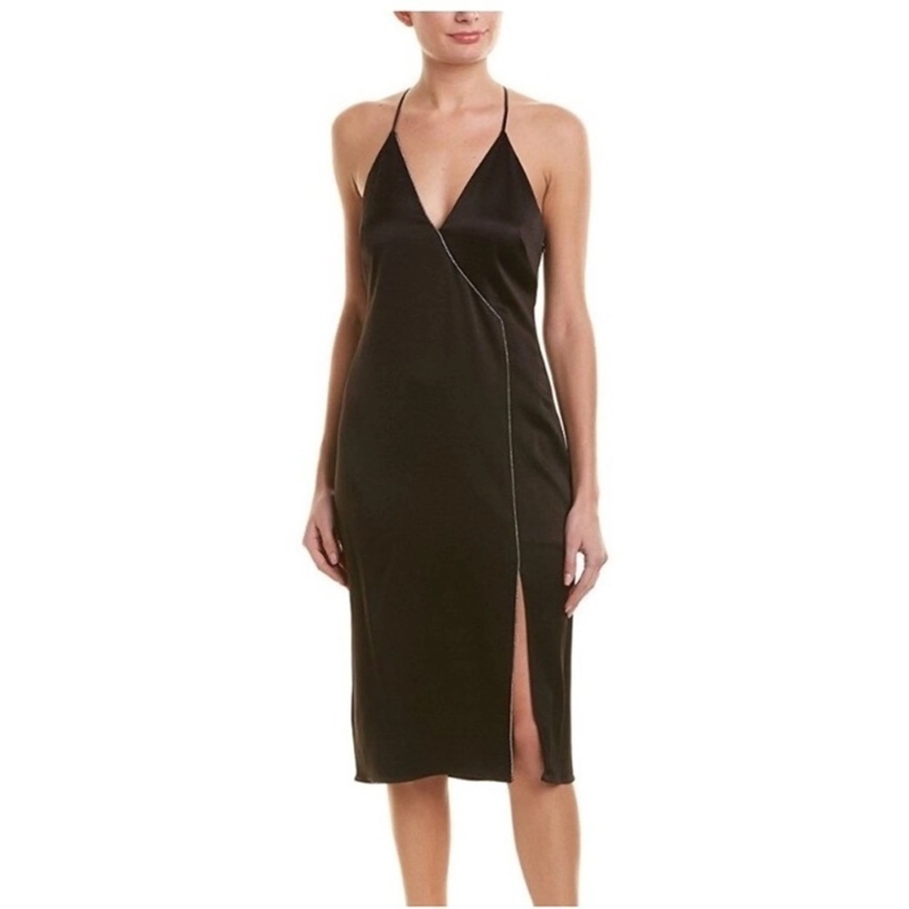 Halston Heritage Black Satin Silver Strappy Evening Cocktail Midi Dress Size 8